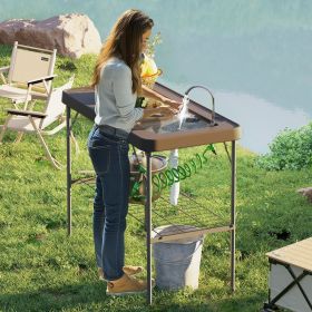 Folding Fish Cleaning Table with Sink, Portable Camping Table with Faucet, Drainage Hose, Sprayer and Shelf, Tan