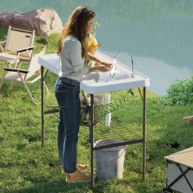Folding Fish Cleaning Table with Sink, Portable Camping Table with Faucet, Drainage Hose, Sprayer and Shelf, White (Color: General)